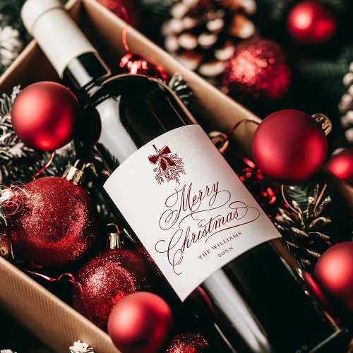 Red Romantic Calligraphy Merry Christmas  Wine Label