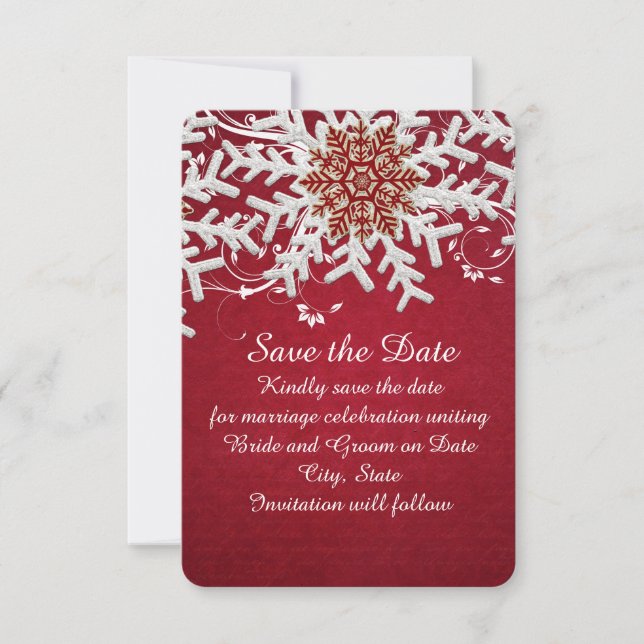 Red Romantic Christmas Snowflakes Save the date (Front)