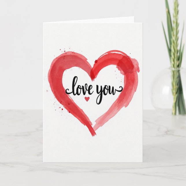 Red Romantic Love You Watercolor Card (Front)