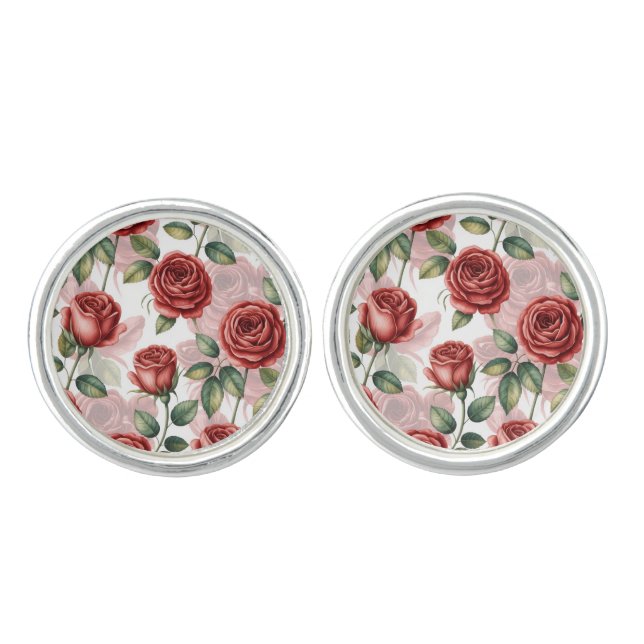 Red Romantic Roses Pattern Cufflinks (Front)