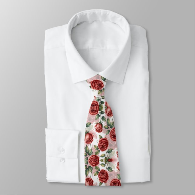 Red Romantic Roses Pattern Neck Tie (Tied)
