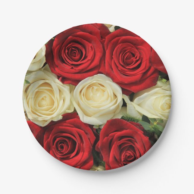 Red romantic valentine rose paper plates (Front)