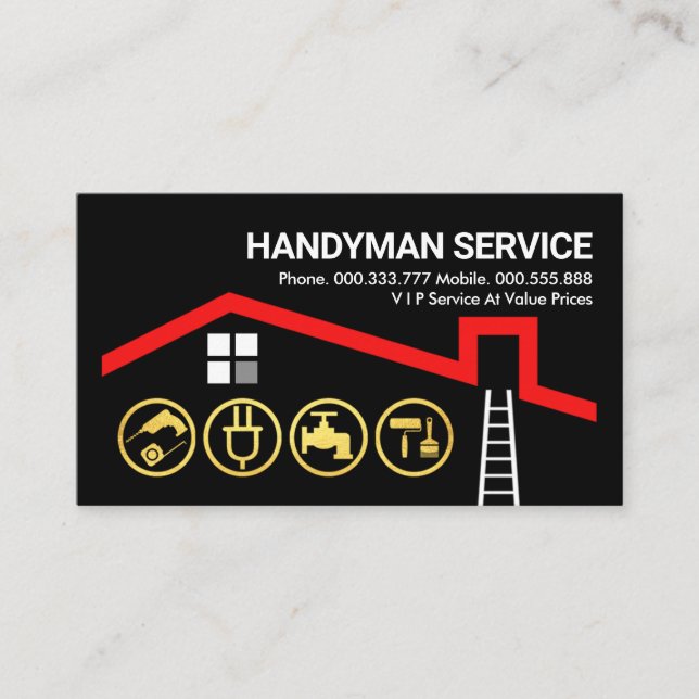 Red Roof Gold Handyman Tools Building Business Card (Front)