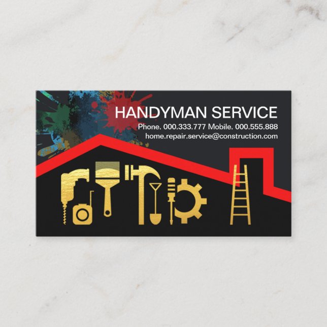 Red Roof Paint Splatter Gold Tools Business Card (Front)