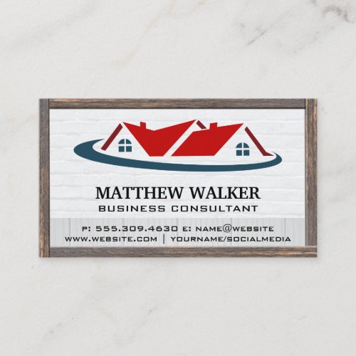Red Roof Top Home Logo  Wood Frame Business Card