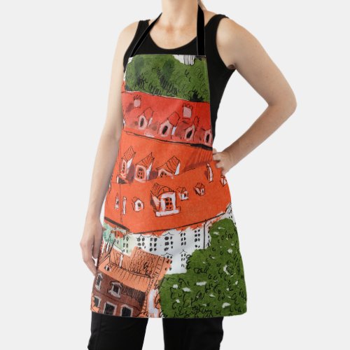 Red Roofs Prague Czech Cityscape Collage Sketch Apron