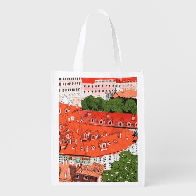Red Roofs Prague Czech Cityscape Paper Collage Art Grocery Bag (Front)