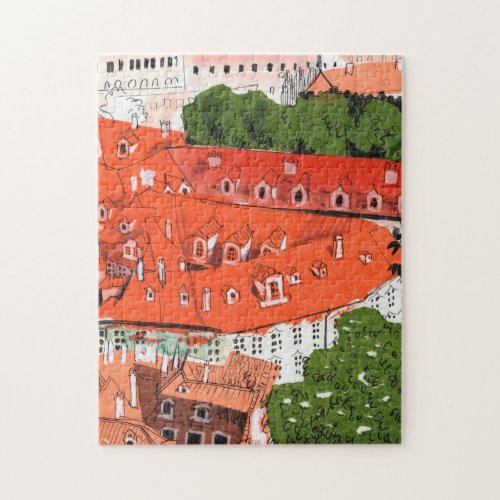 Red Roofs Prague Czech Cityscape Paper Collage Art Jigsaw Puzzle