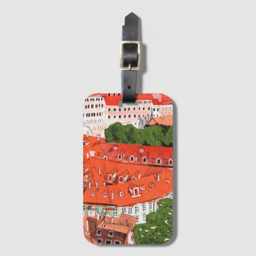 Red Roofs Prague Czech Cityscape Paper Collage Art Luggage Tag