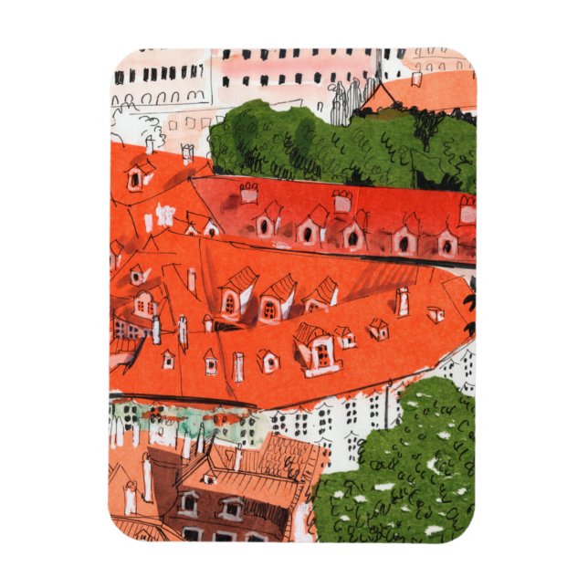 Red Roofs Prague Czech Cityscape Paper Collage Art Magnet (Vertical)