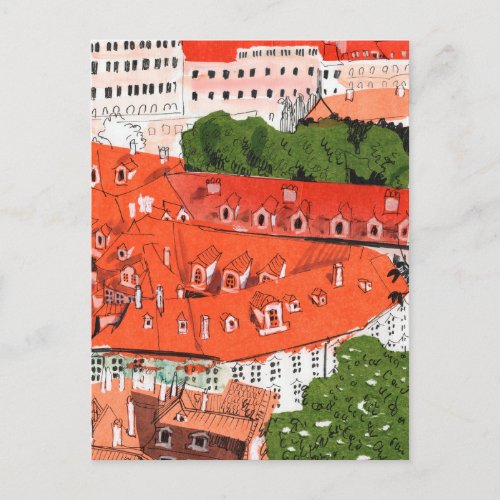 Red Roofs Prague Czech Cityscape Paper Collage Art Postcard