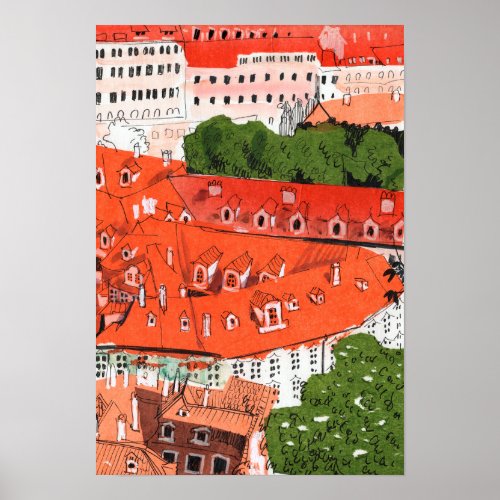 Red Roofs Prague Czech Cityscape Paper Collage Art Poster
