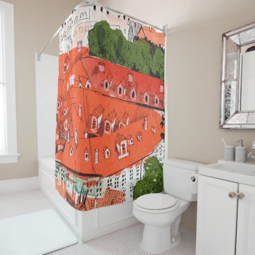 Red Roofs Prague Czech Cityscape Paper Collage Art Shower Curtain