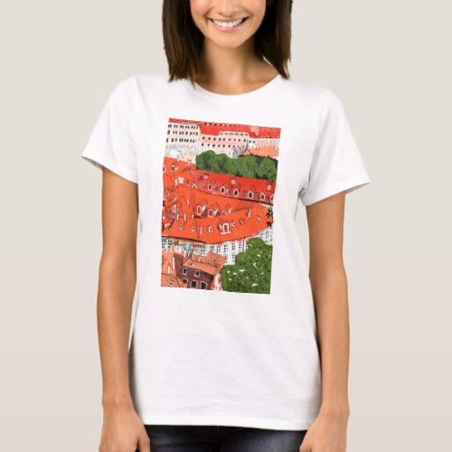 Red Roofs Prague Czech Cityscape Paper Collage Art T_Shirt