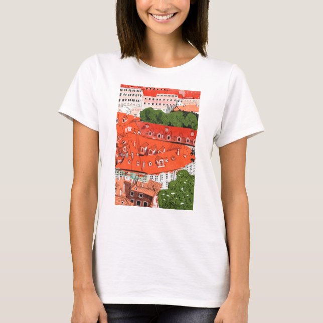 Red Roofs Prague Czech Cityscape Paper Collage Art T-Shirt (Front)