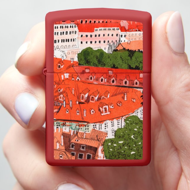 Red Roofs Prague Czech Cityscape Paper Collage Art Zippo Lighter (In Hand)