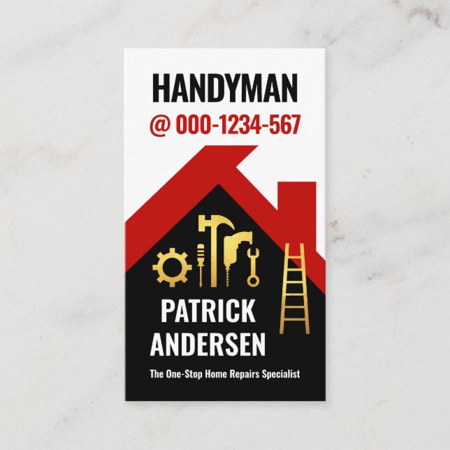 Red Rooftop Building Handyman Business Card (Front)
