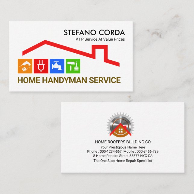 Red Rooftop Home Repairs Building Business Card (Front/Back)