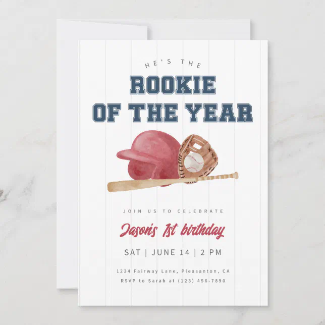 Red Rookie of the Year Baseball First Birthday Invitation | Zazzle
