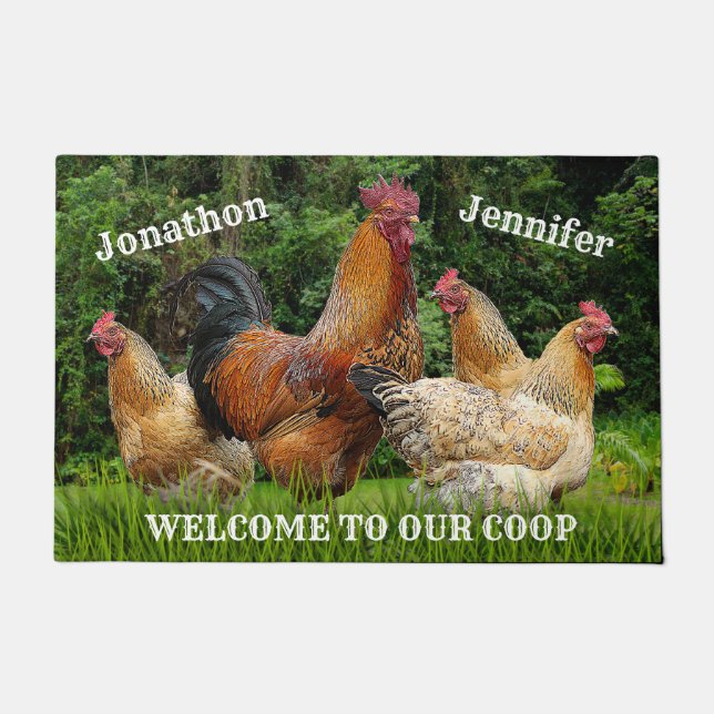 Red Rooster and Hens "Welcome to Our Coop" Doormat (Front)