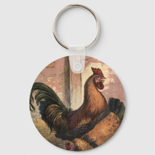 Red Rooster, Brown Hen and Baby Chicks on Straw Keychain