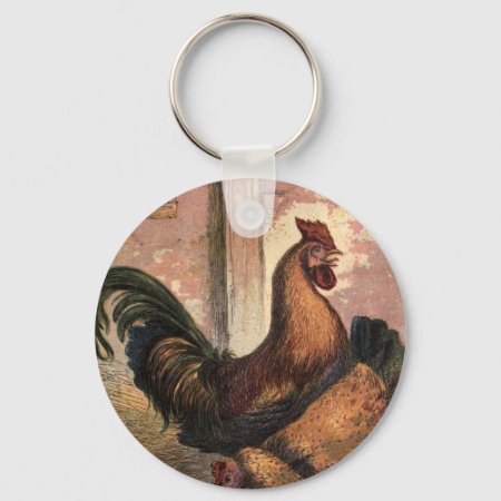 Red Rooster, Brown Hen And Baby Chicks On Straw Keychain