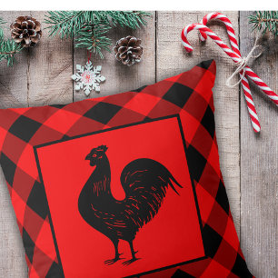Red Rooster Buffalo Plaid Country Farm Checks Throw Pillow