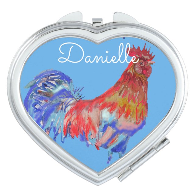 Red Rooster Chicken Blue girls Name Compact Mirror (Front)