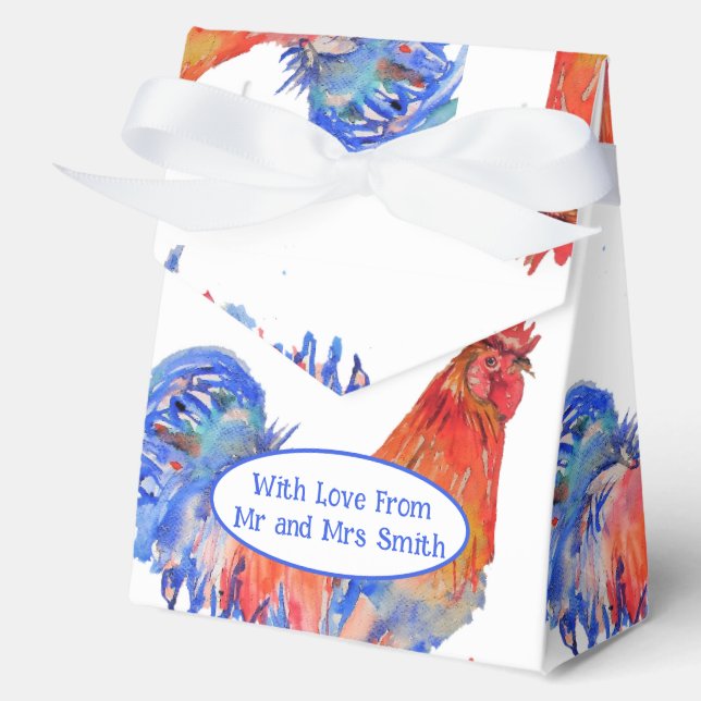 Red Rooster Chicken Blue Watercolor Wedding Favor Boxes (Front)