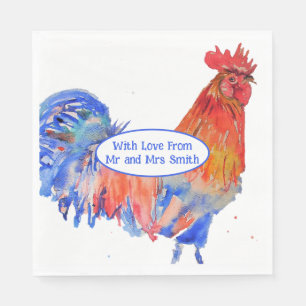 Red Rooster Chicken Blue Watercolor Wedding Napkins