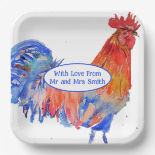 Red Rooster Chicken Blue Watercolor Wedding Paper Plates