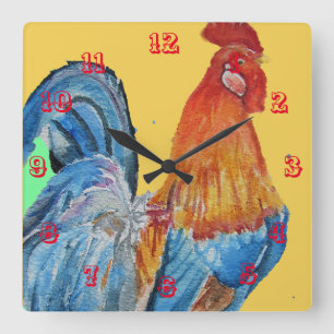 Red Rooster Chicken Cockerel Birds Watercolor Square Wall Clock