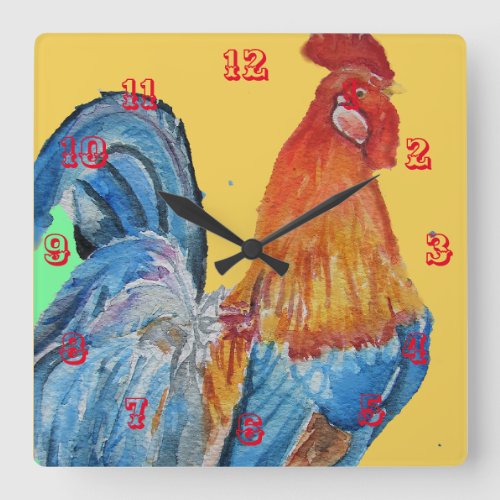 Red Rooster Chicken Cockerel Birds Watercolor Square Wall Clock