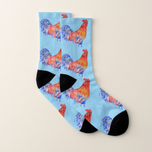 Red Rooster Chicken Cockerel Watercolour Blue Mens Socks