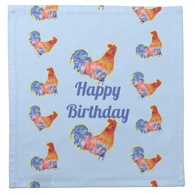 Red Rooster Chickens Boys Happy Birthday Balloon Cloth Napkin (Front)