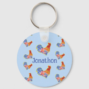 Red Rooster Chickens Boys Happy Birthday Name Keychain