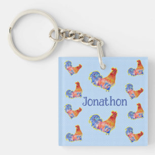 Red Rooster Chickens Boys Happy Birthday Name Keychain