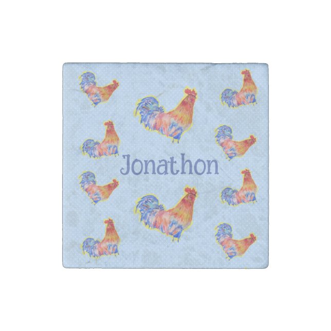 Red Rooster Chickens Boys Happy Birthday Name Stone Magnet (Front)
