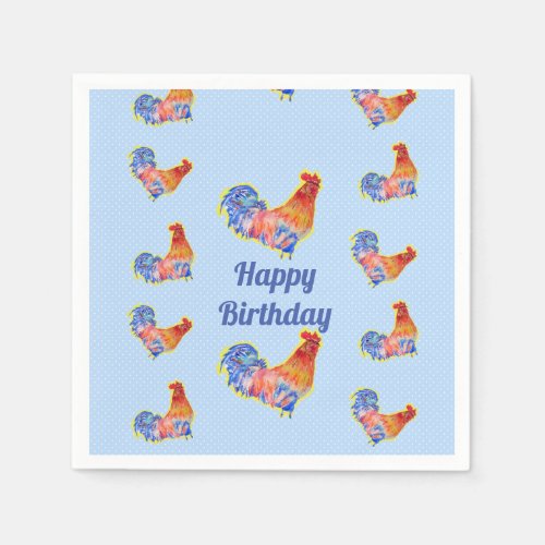 Red Rooster Chickens Boys Happy Birthday Napkins