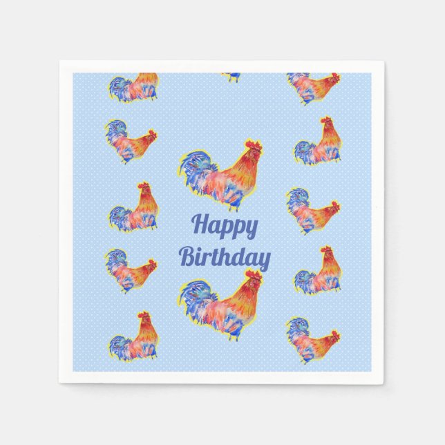 Red Rooster Chickens Boys Happy Birthday Napkins (Front)