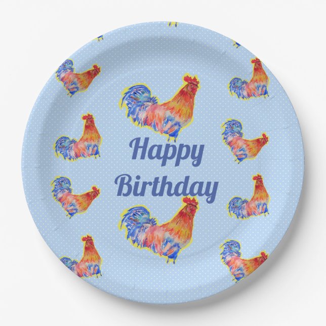 Red Rooster Chickens Boys Happy Birthday Paper Plates (Front)