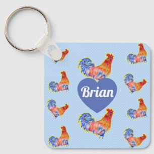 Red Rooster Chickens Boys Mens Birthday Keychain
