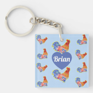 Red Rooster Chickens Boys Mens Birthday Keychain