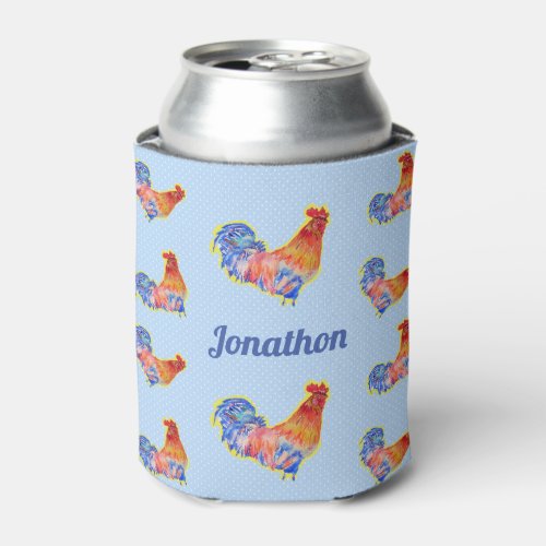 Red Rooster Chickens Mens Customizable Name Can Cooler