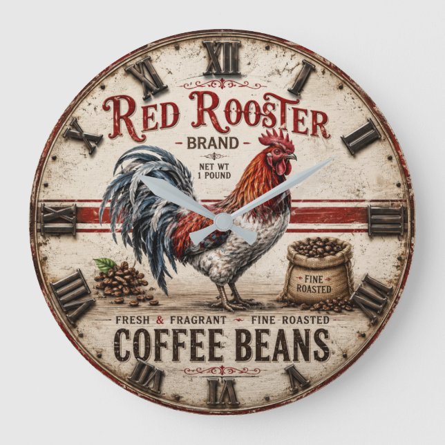 Red Rooster Coffee Beans Rustic Farmhouse Large Clock (Front)