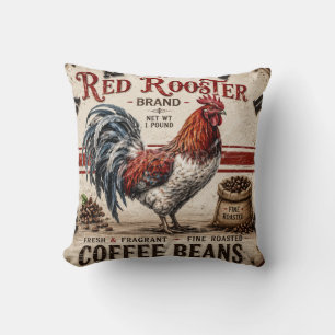 Red Rooster Coffee Beans Rustic Farmhouse Throw Pillow