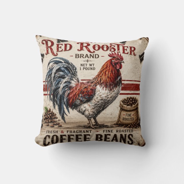 Red Rooster Coffee Beans Rustic Farmhouse Throw Pillow (Front)