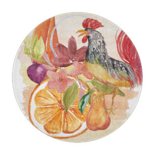 Red Rooster Country Scene Watercolor Hand-painted Cutting Board