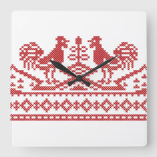 Red Rooster cross-stitch Square Wall Clock