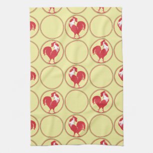 Red Rooster Medallion Pattern on Yellow Kitchen Towel